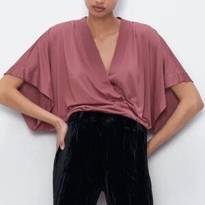 Zara mauve pink Plunge V-Neck cape Sleeve Bodysuit